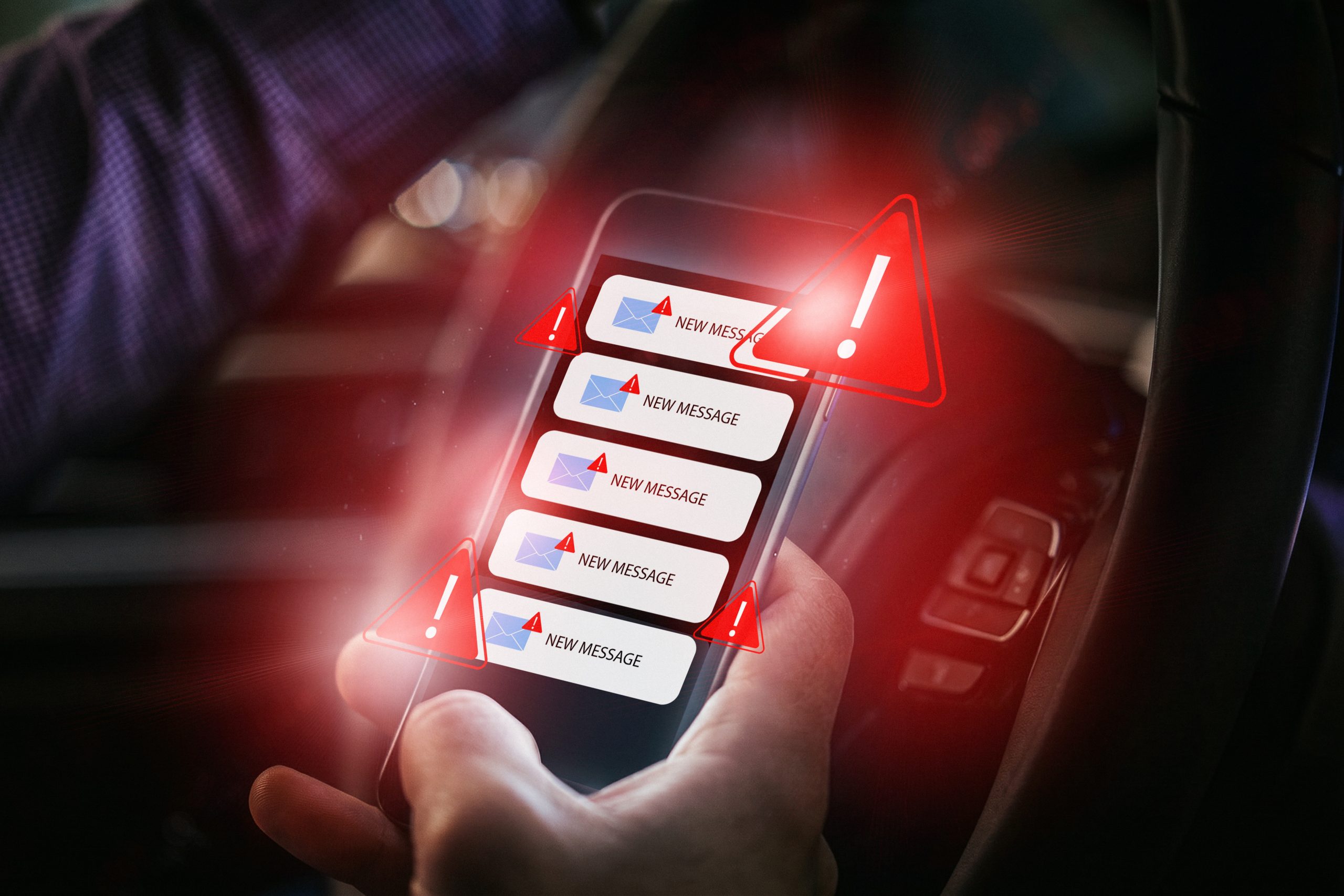Automobilista che riceve un SMS truffa sullo smartphone