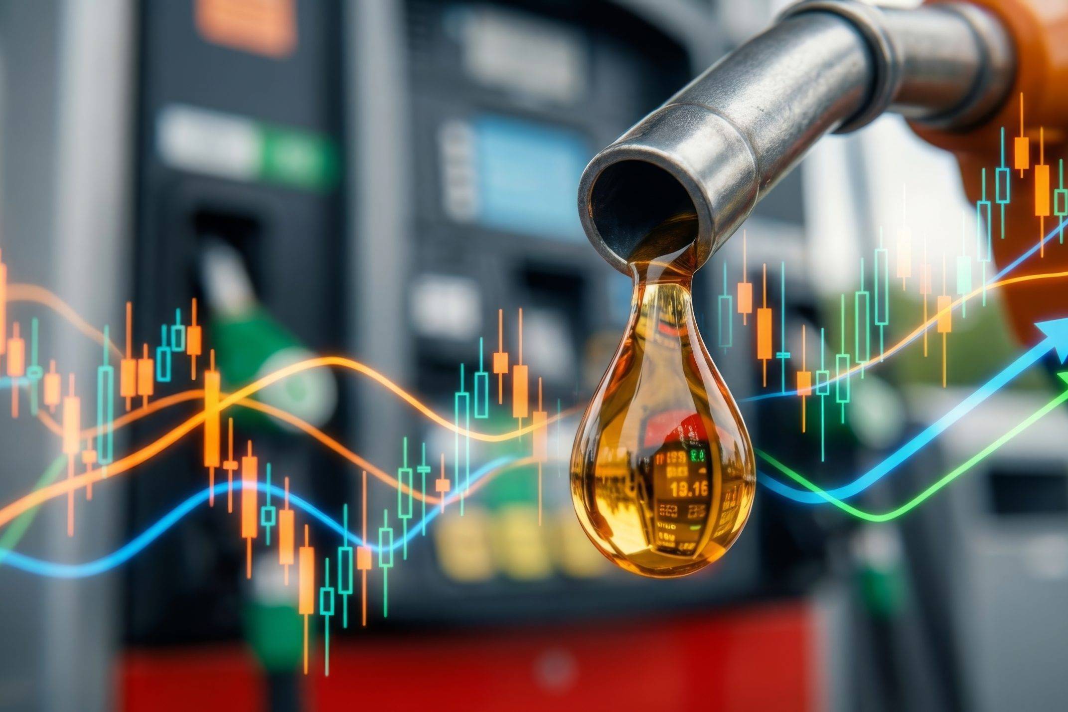 Pistola di rifornimento con una goccia di carburante e grafici dei prezzi