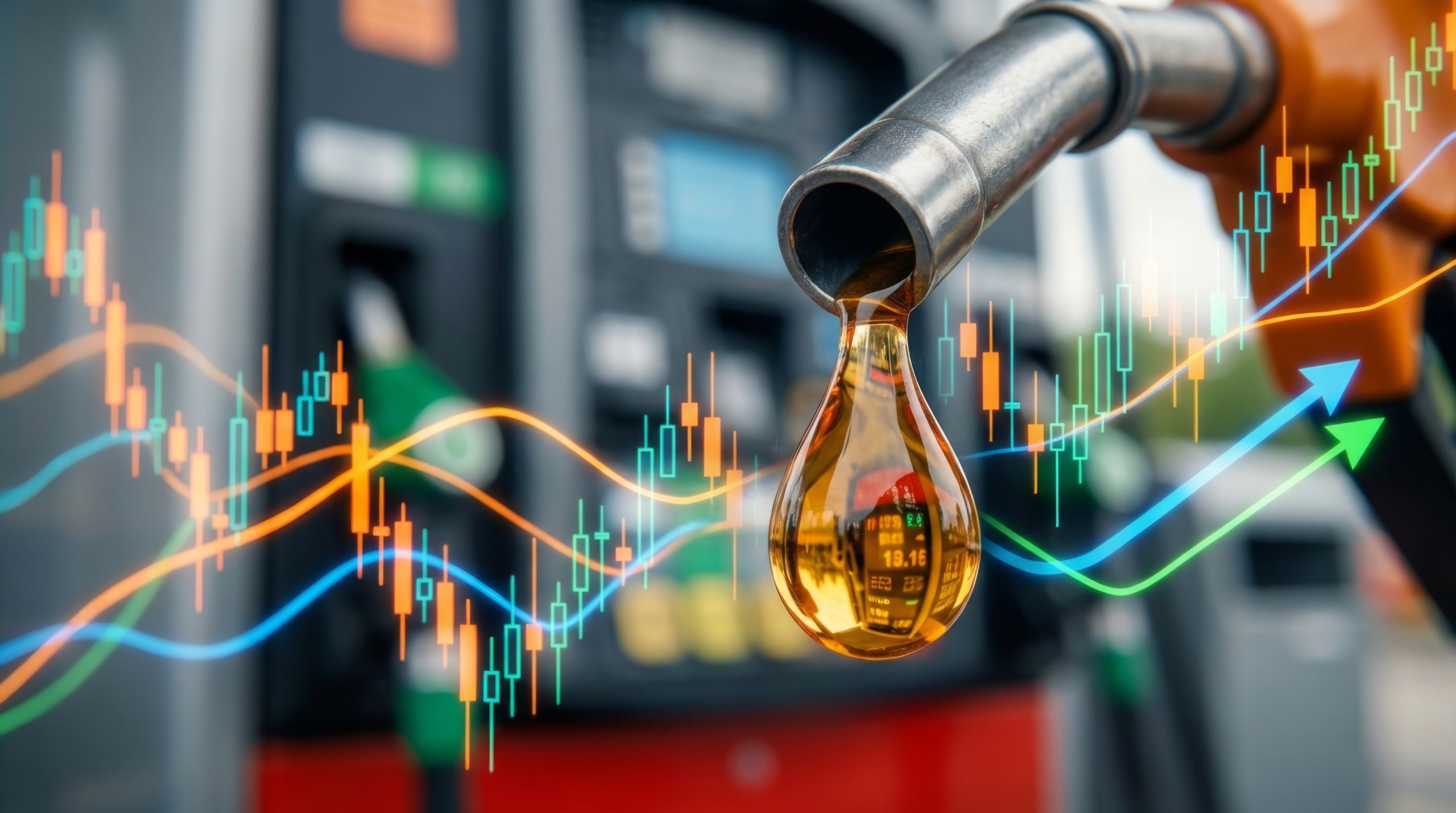 Pistola di rifornimento con una goccia di carburante e grafici dei prezzi